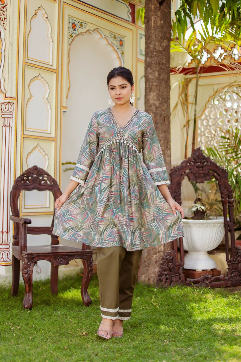 Vaasva Women Olive Green Muslin Floral Print Alia cut Kurta & Pant (Cord set) | Grocsy