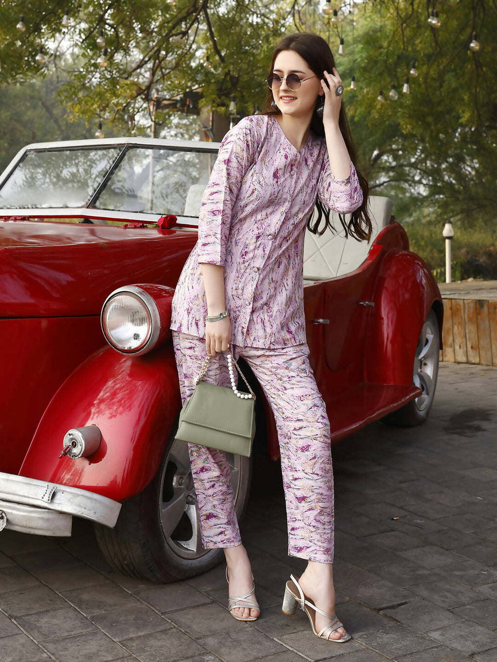 Light Purple Rayon abstract Printed Top with Matching Bottom - Eesha | Grocsy