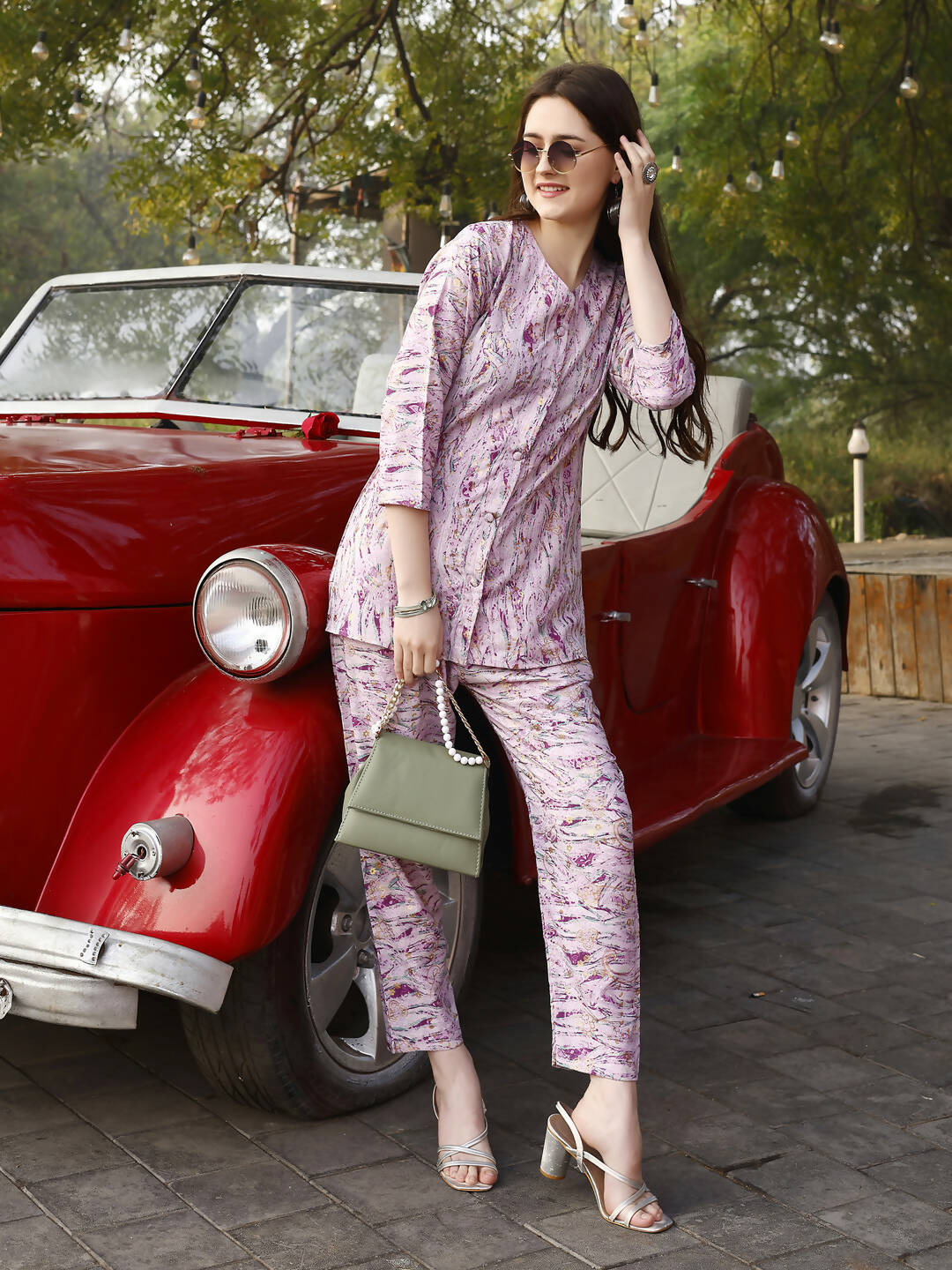 Light Purple Rayon abstract Printed Top with Matching Bottom - Eesha | Grocsy