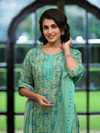 Juniper Women's Green Ethnic Motif Printed Cotton Kurta Pant And Dupatta Set With Mirror Work & Sequins | Grocsy