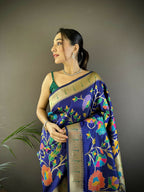 Joban Fashion Blue Zari Woven Floral Motifs Soft Silk Paithani Silk Saree | Grocsy
