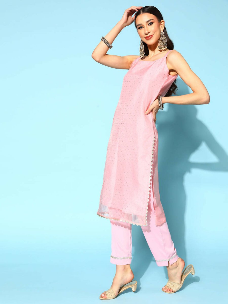 Ahalyaa Women Pastel Pink Colour Organza Glitter Printed Kurta Pant Set With Dupatta | Grocsy
