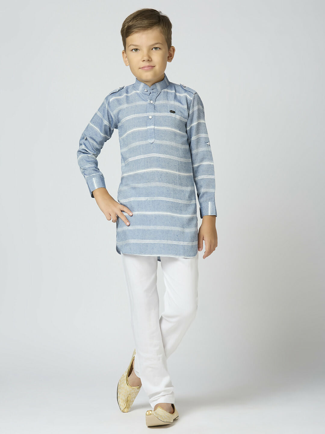 Joban Fashion Kids Island Full Sleeves Cotton Kurta and Pyjama Set with Strip - Blue | Grocsy