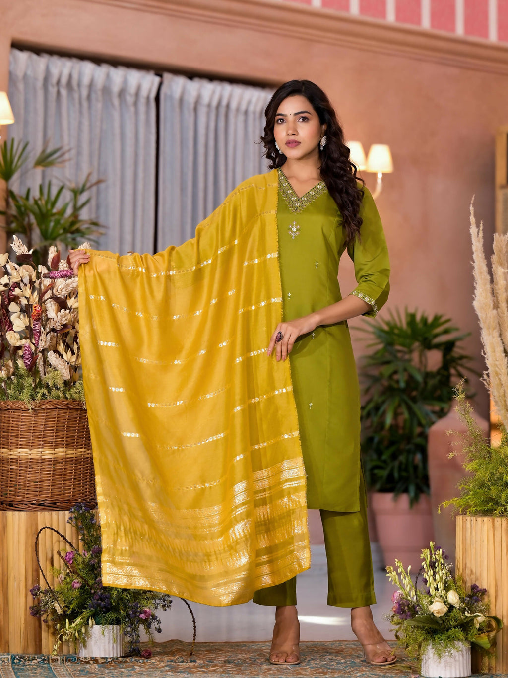 Juniper Women's Green Zari & Thread Work Embroidered Viscose Kurta Pant And Dupatta Set | Grocsy