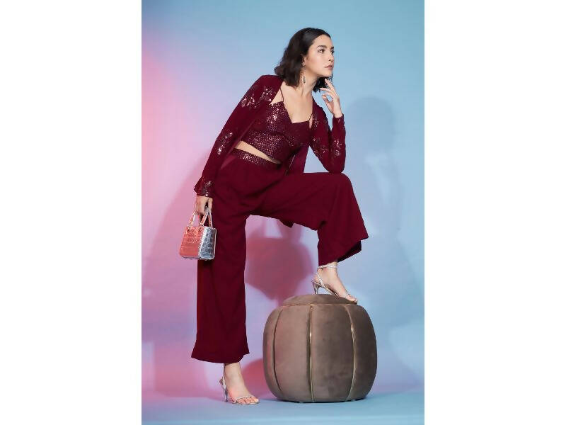 Red Georgette Sequence With Thread Designer Co-Ord Set - Flory | Grocsy