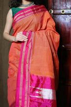 Very Much Indian Handloom Cotton Viscose Ilkal Saree With Pure Resham Pallu - Orange | Grocsy