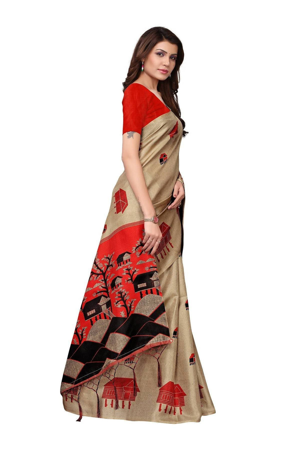 Vamika Traditional Chiku & Red Kalamkari With Jhalar Khadi Silk Saree | Grocsy