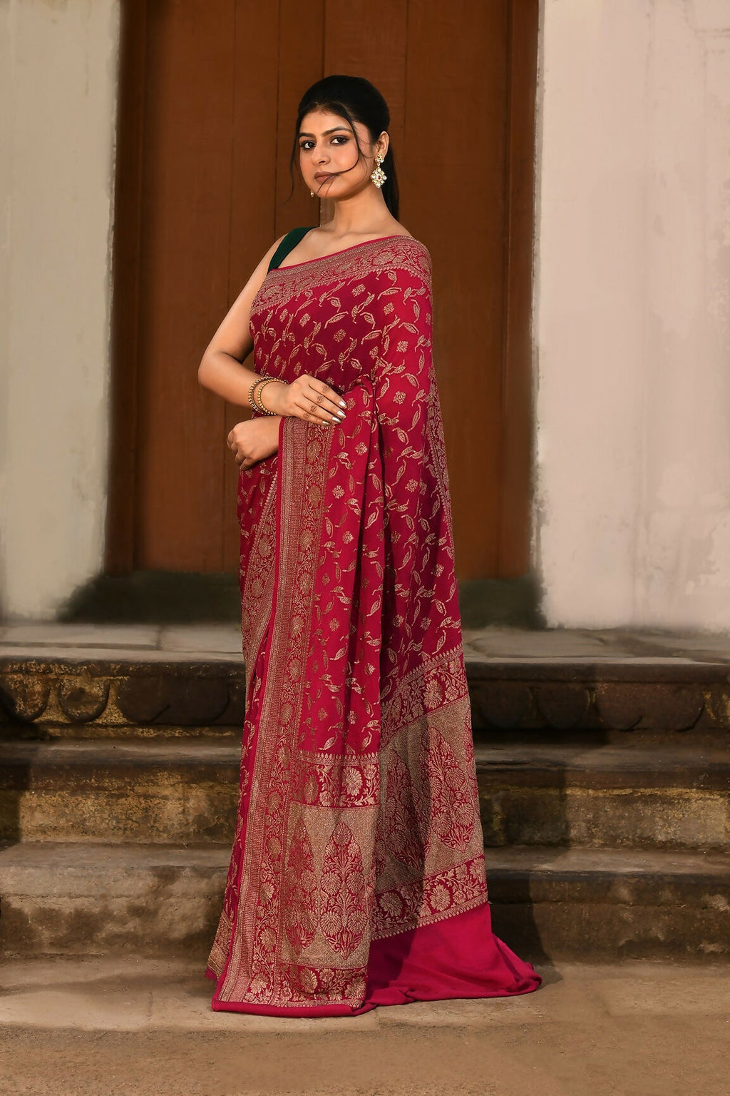 Joban Fashion Hot Pink Crepe Chiffon Banarasi Pure Handloom Banarasi Silk Saree | Grocsy
