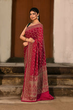 Joban Fashion Hot Pink Crepe Chiffon Banarasi Pure Handloom Banarasi Silk Saree | Grocsy