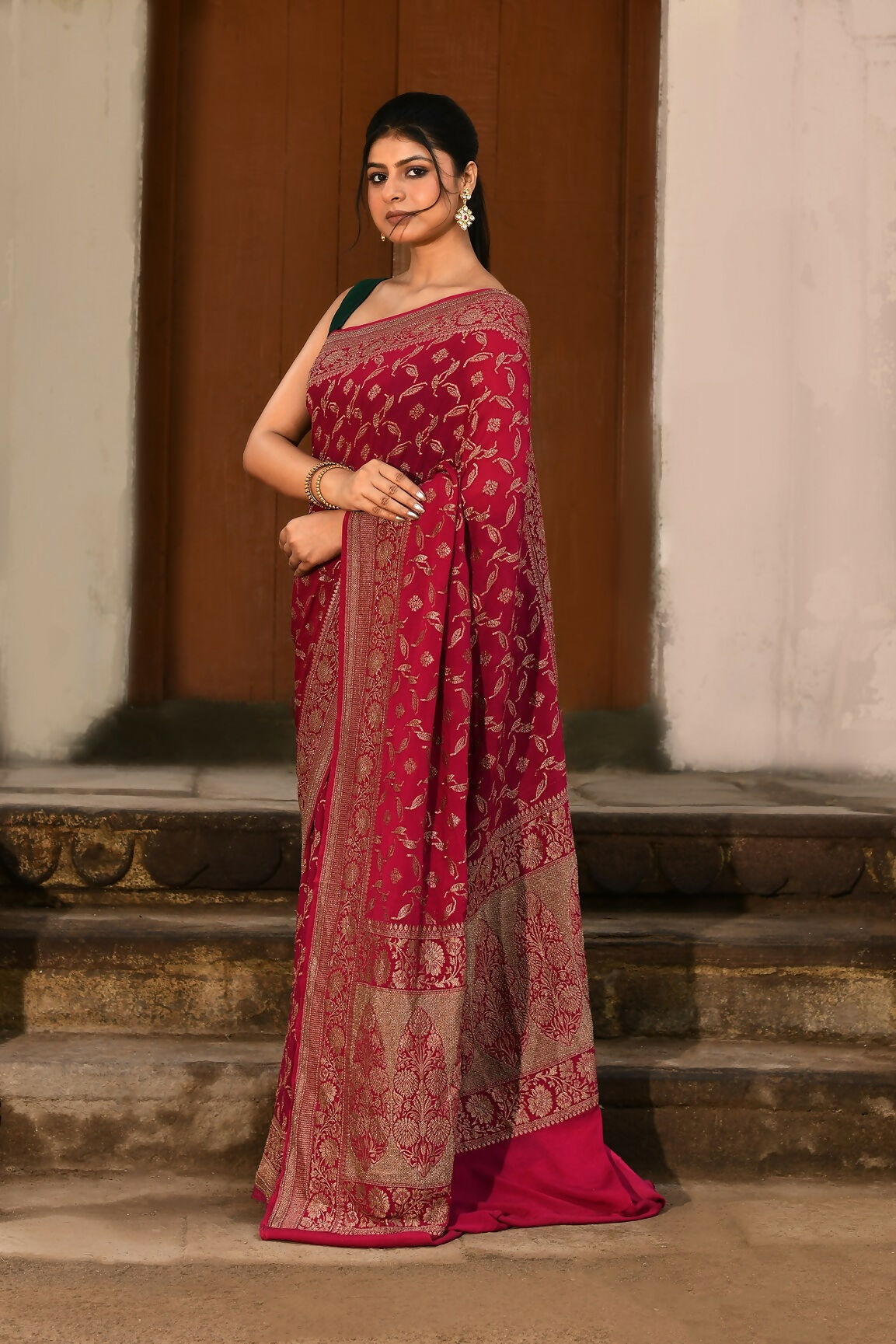 Joban Fashion Hot Pink Crepe Chiffon Banarasi Pure Handloom Banarasi Silk Saree | Grocsy