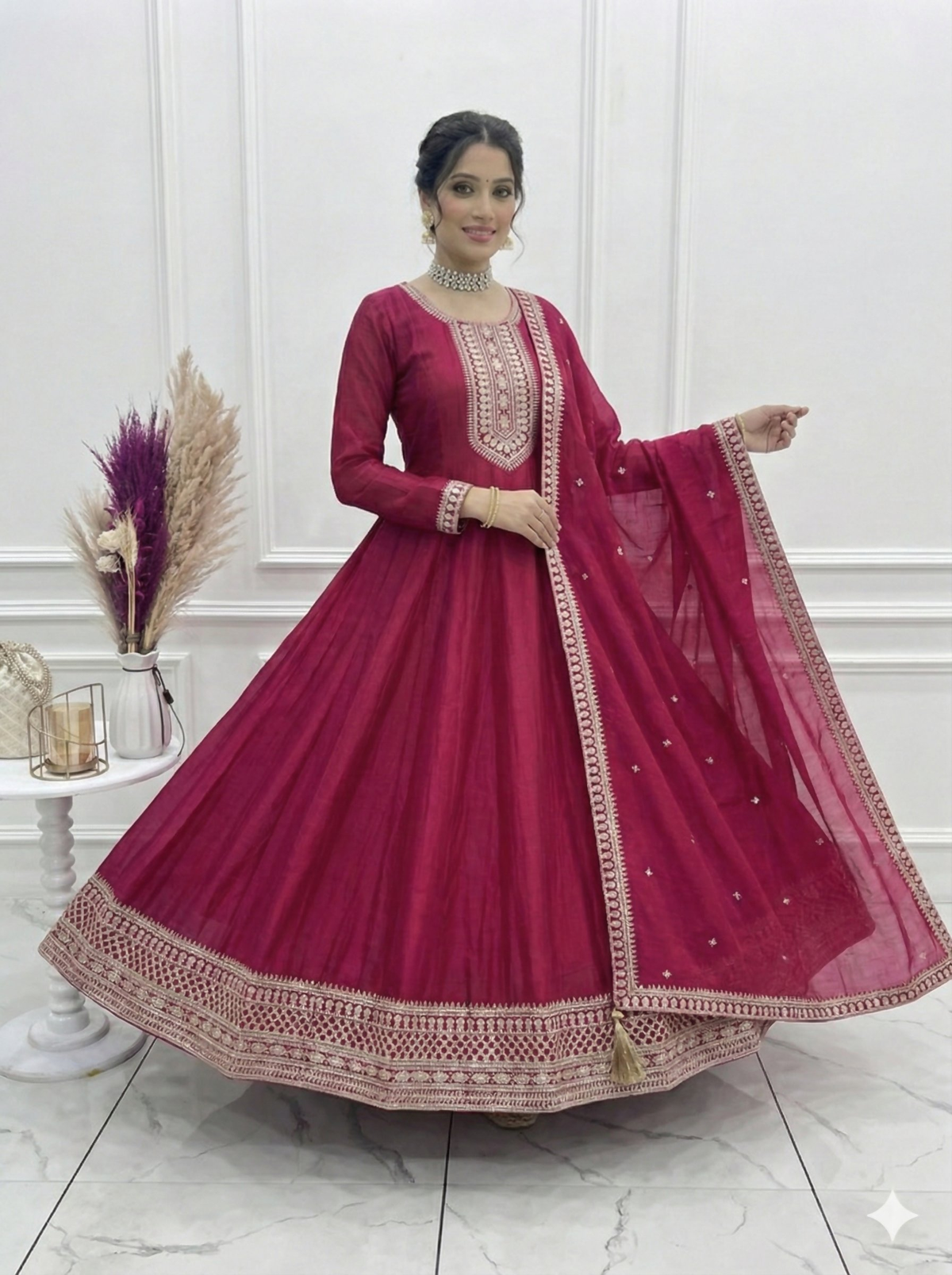 Teeya Creation Dark Rani Color Vichitra Silk Embroidery Work Party Wear Long Gown | Grocsy