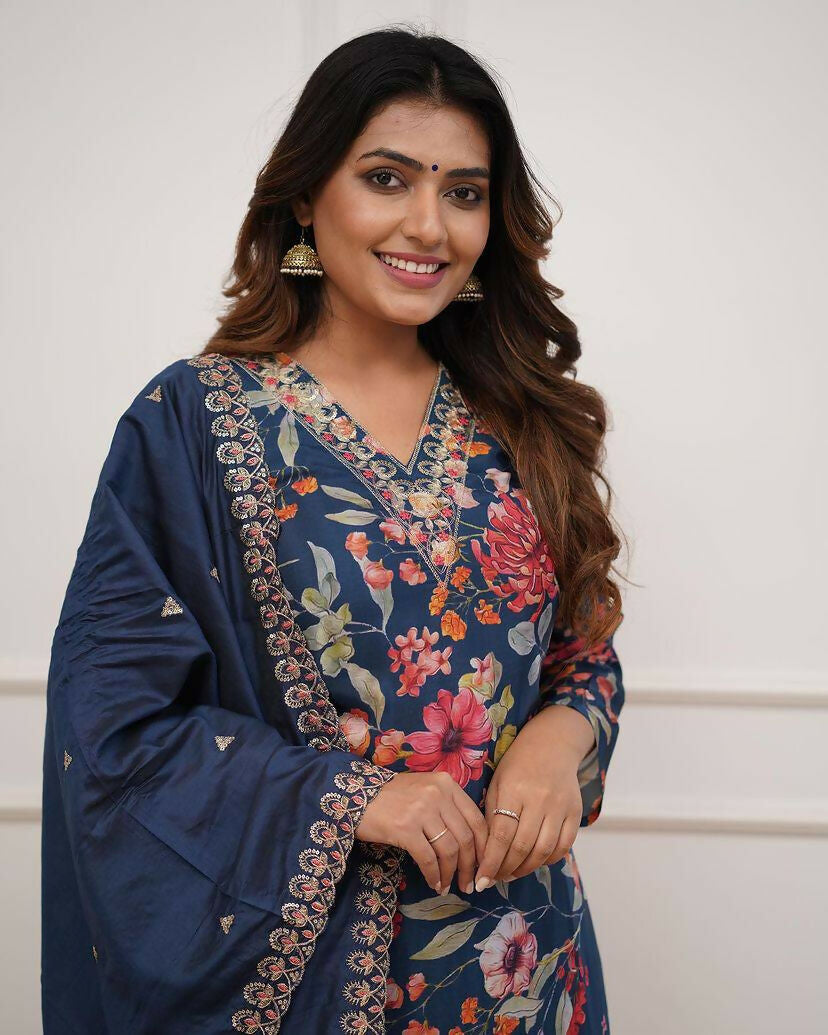The52 Blue Women's Gorgeous Printed Pure Russian Silk Fabric Straight Kurta Pant with Dupatta Set | Grocsy
