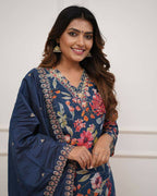 The52 Blue Women's Gorgeous Printed Pure Russian Silk Fabric Straight Kurta Pant with Dupatta Set | Grocsy
