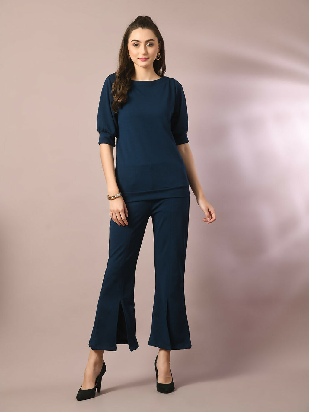 Myshka Women's Blue Solid Boat Neck Party Top | Grocsy