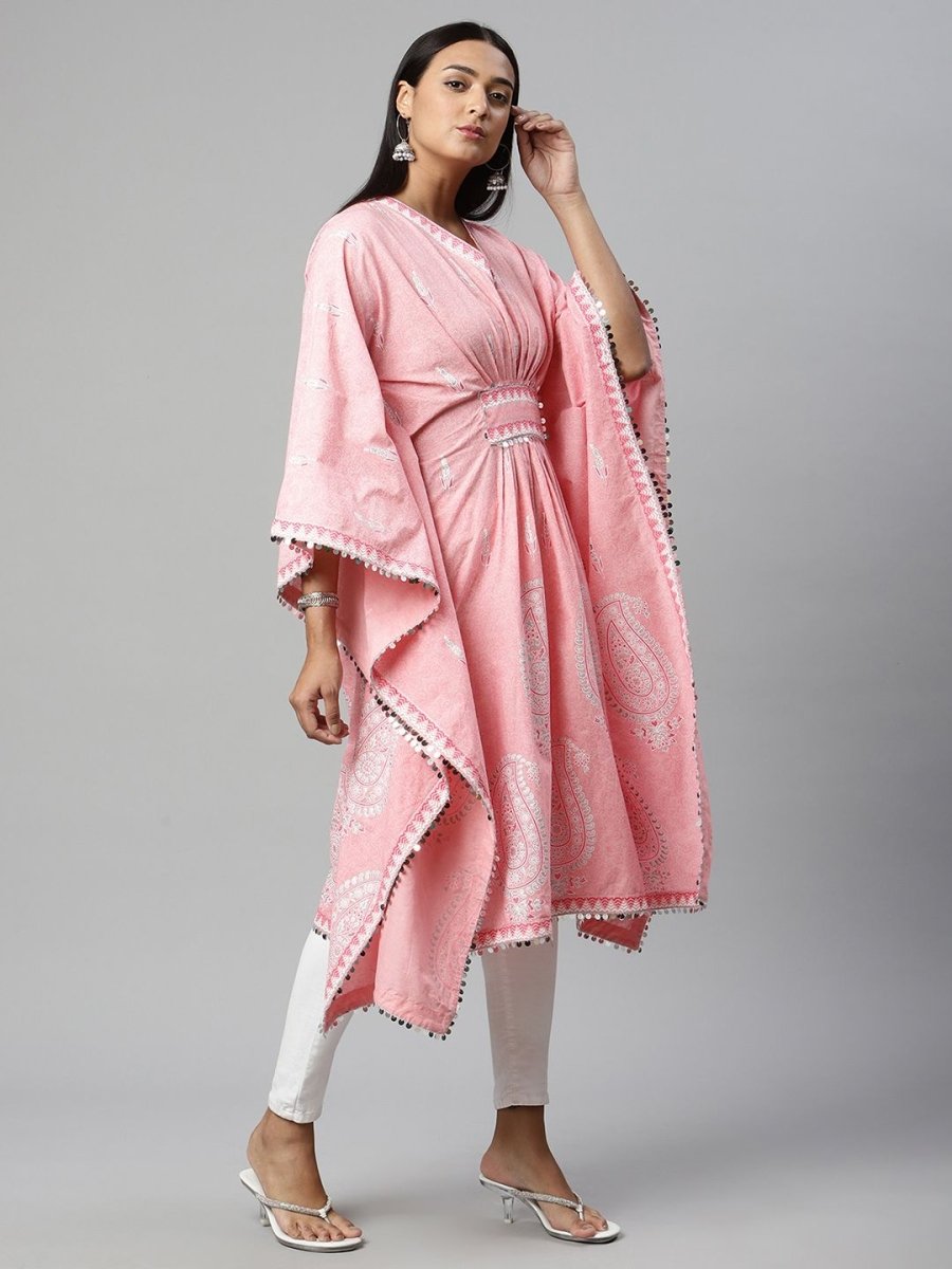 Ahalyaa Women Pink Pure Cotton Printed Kaftan Kurta | Grocsy