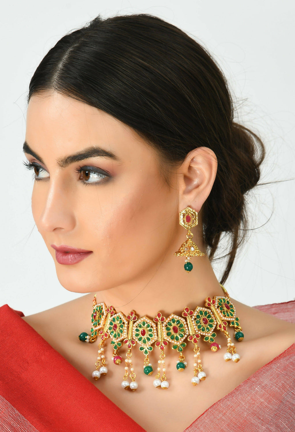 Mominos Fashion Johar Kamal Women Gold-Polished Brass Finish Meena & Pearls Work Choker | Grocsy