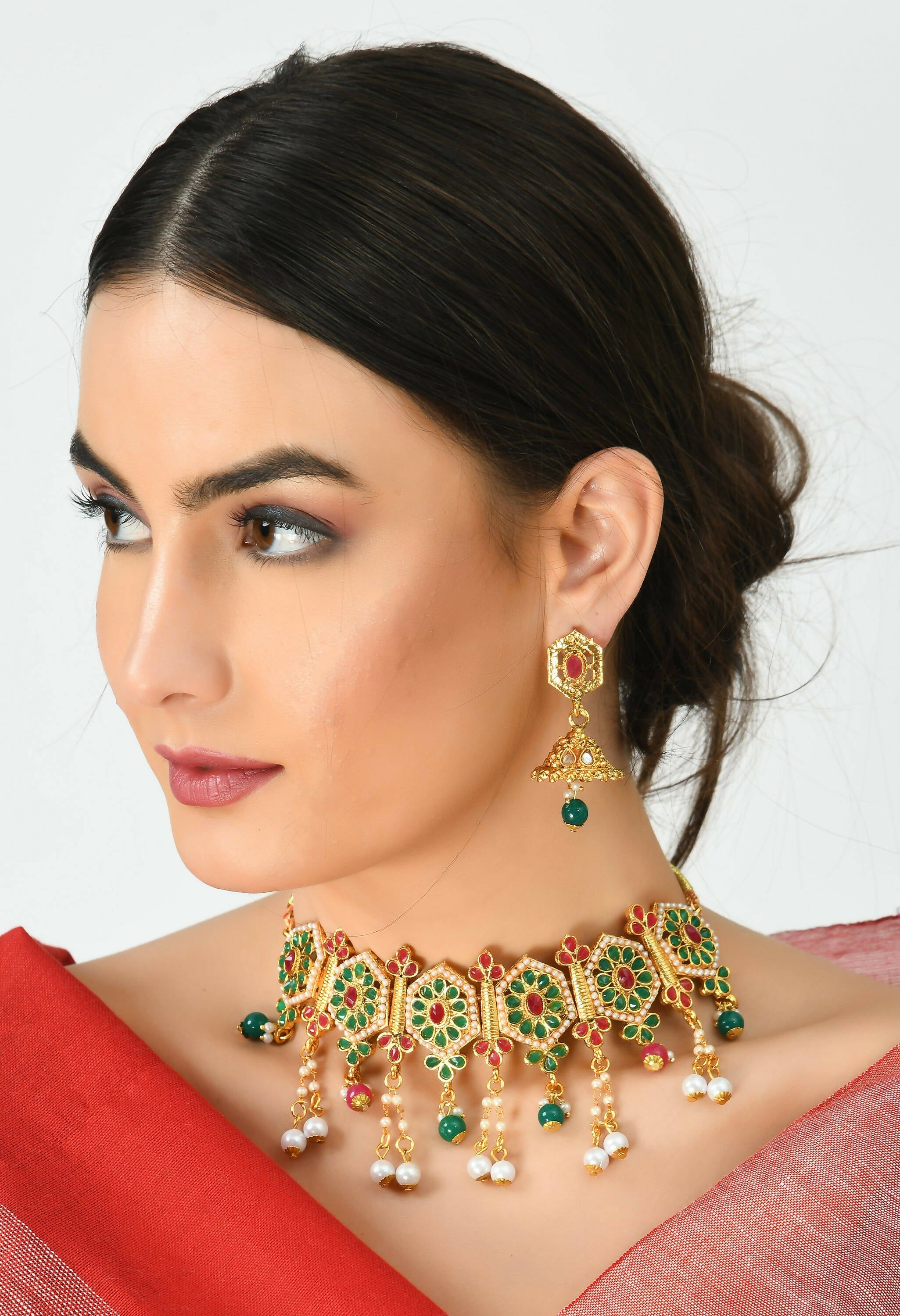 Mominos Fashion Johar Kamal Women Gold-Polished Brass Finish Meena & Pearls Work Choker | Grocsy
