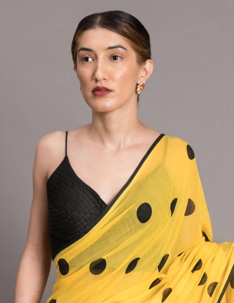 Suta Yellow and Black Polka Printed Pure Cotton Saree | Grocsy