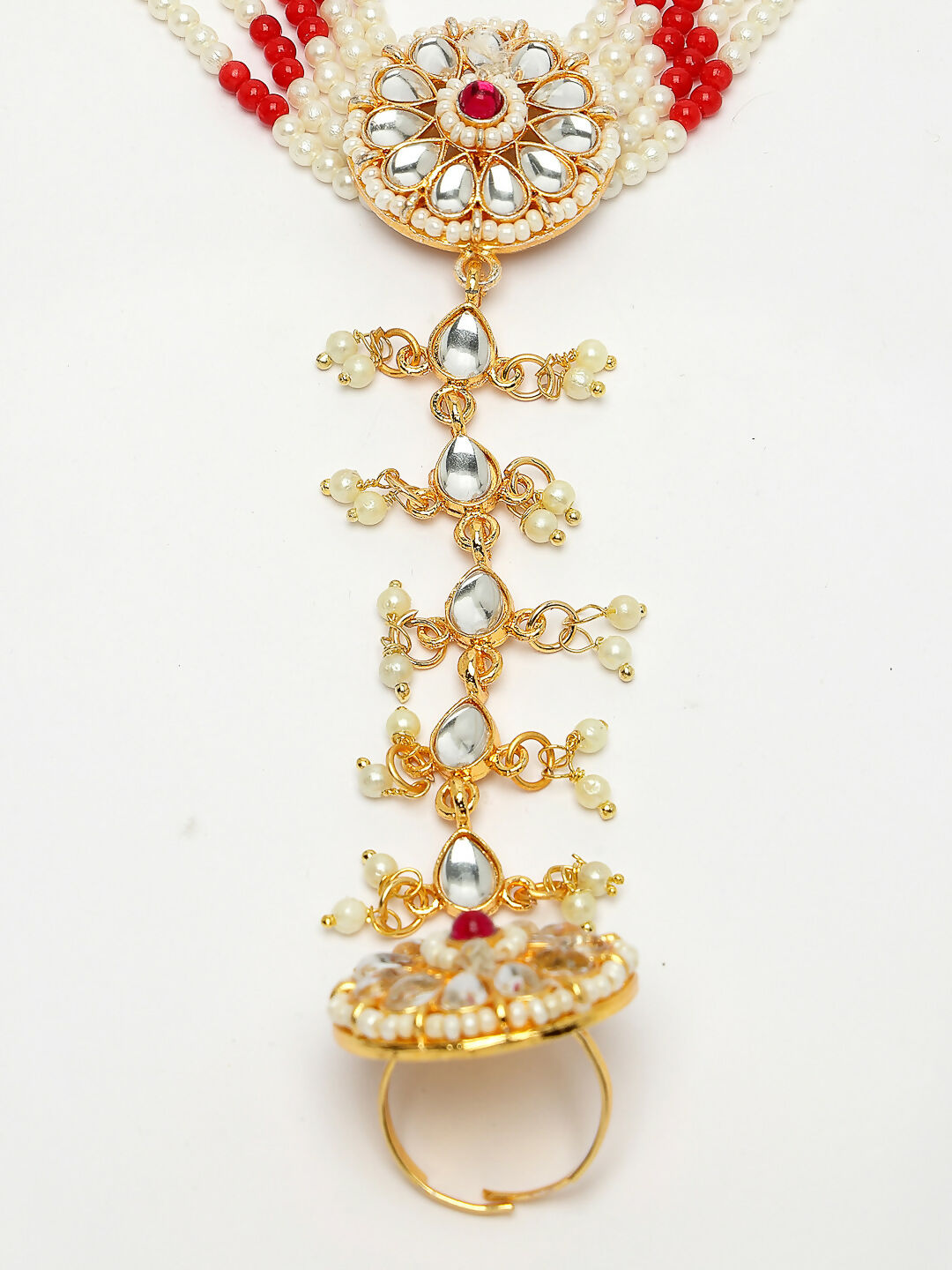 NVR Women's Red Gold-Polished Stone Studded Handcrafted Ring Bracelet | Grocsy