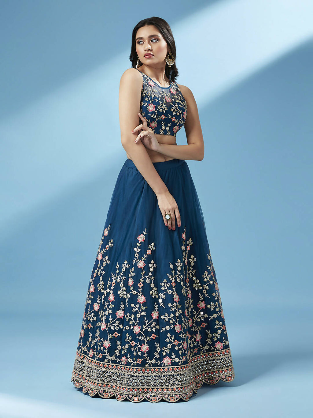House of Panchhi Teal Net Semi stitched Coding and Mirror Work Lehenga Choli | Grocsy