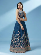 House of Panchhi Teal Net Semi stitched Coding and Mirror Work Lehenga Choli | Grocsy