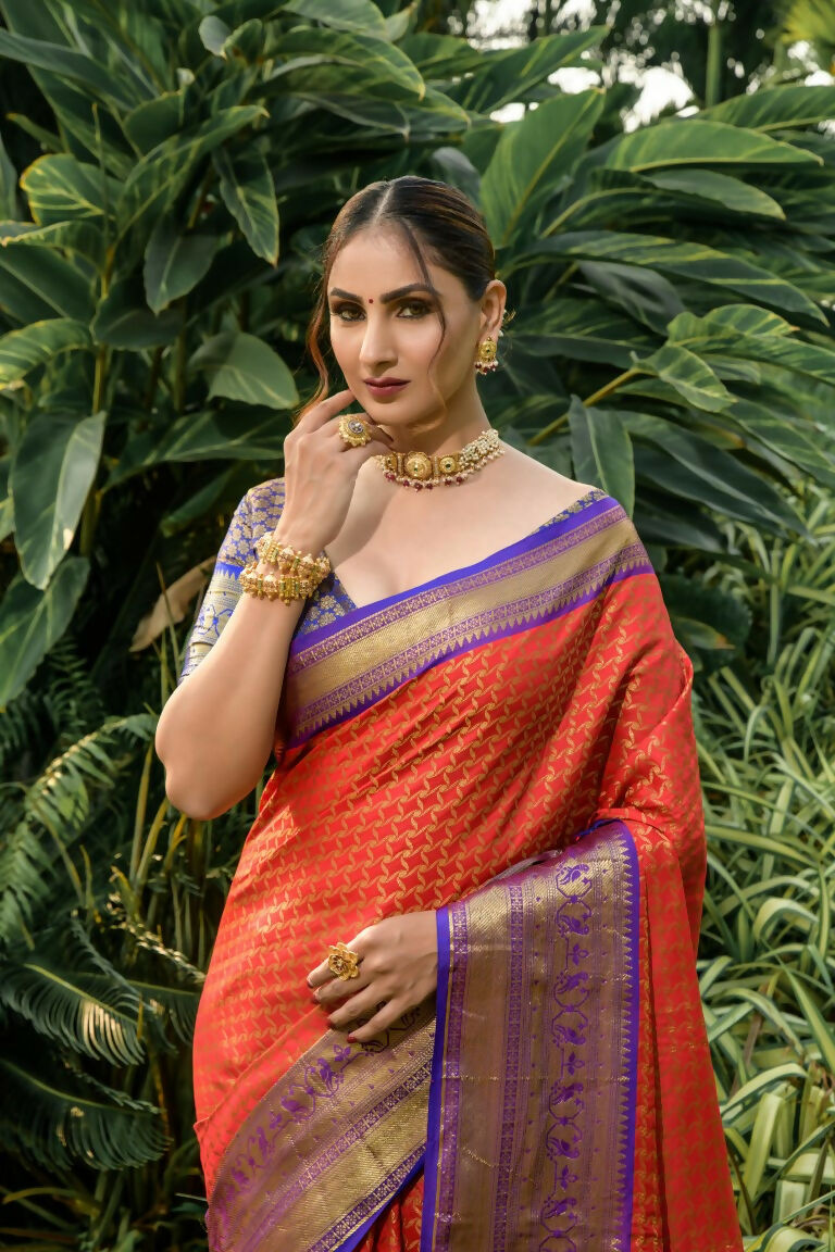 Jyoti Fashion Women's Orange Kanjivaram Silk Zari Woven Saree with Blouse | Grocsy