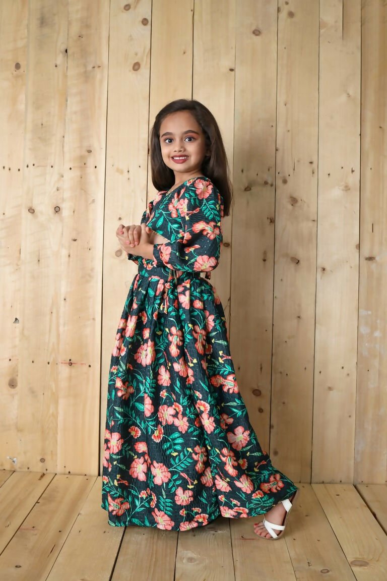 Aayaa Designer Printed Chinon Crochet Sequance Kids Lehenga Choli - Green | Grocsy
