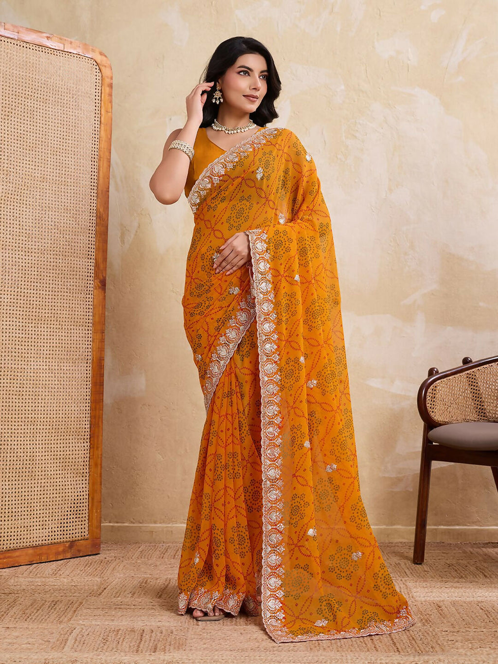 Teeya Creation New Trendy Leheriya Bandhani Georgette Saree For Daily Wear -Yellow | Grocsy