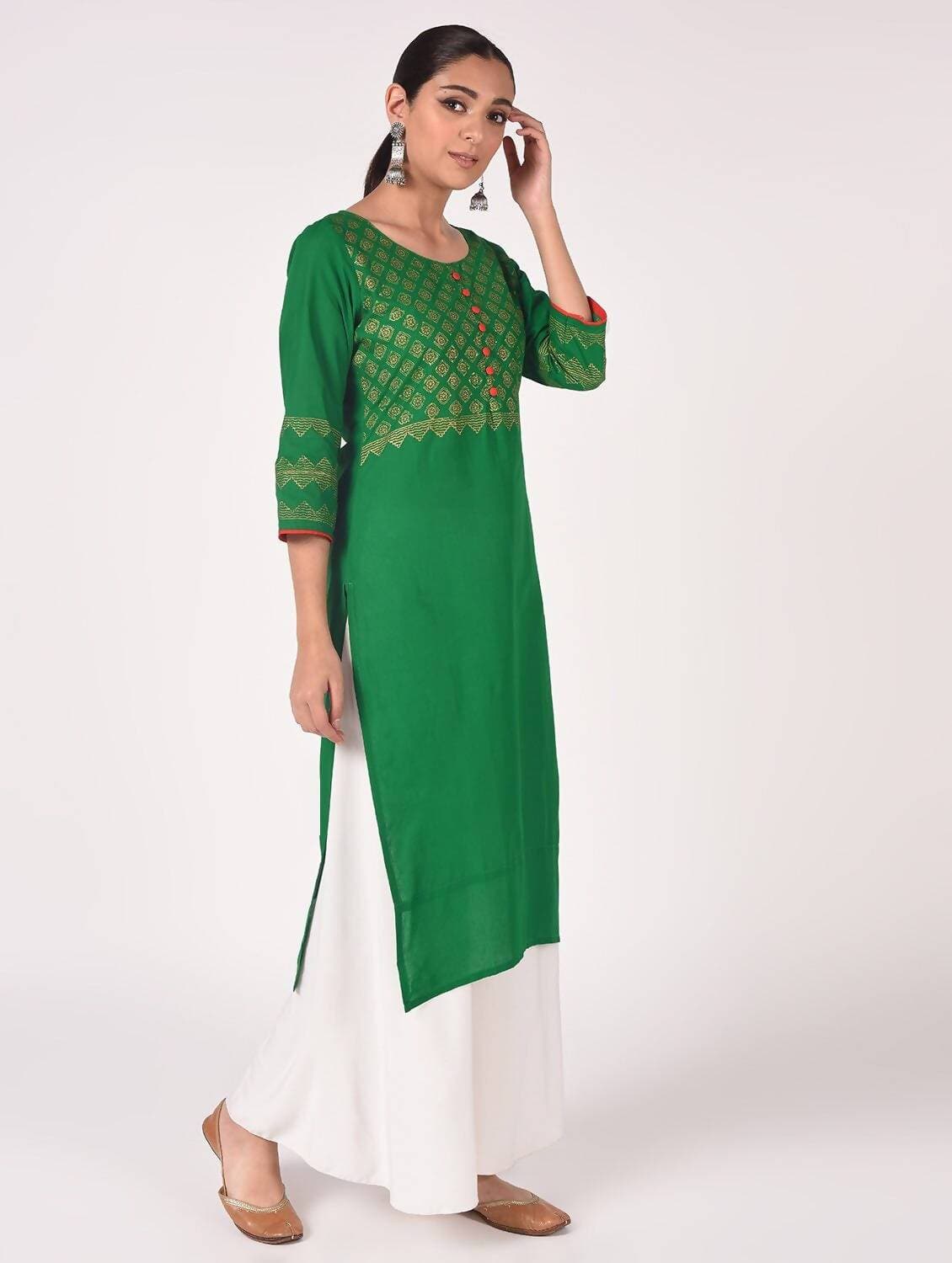 Cheera Hand Block Print Bottle Green & White Straight Kurta With Palazzo (MAAI-093K) | Grocsy