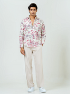 Miravan Men's Pure Cotton Light Pink Bird And Floral Printed Full Sleeve Slim Fit Shirt | Grocsy
