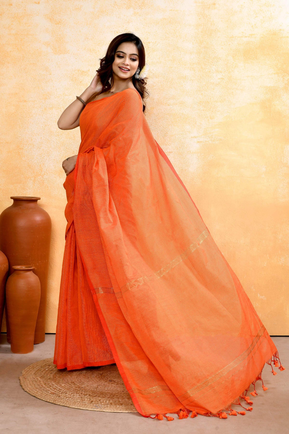 Piyari Fashion Women's Orange Embellished Cotton Blend Zari Check Handloom Saree | Grocsy