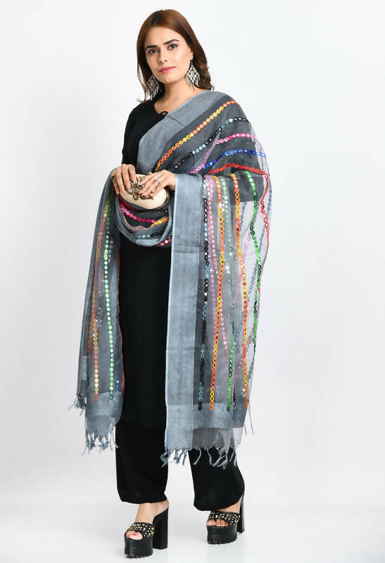 Mominos Fashion Moeza Women's Orgenza Multi Thread Mirror Work Grey Dupatta | Grocsy