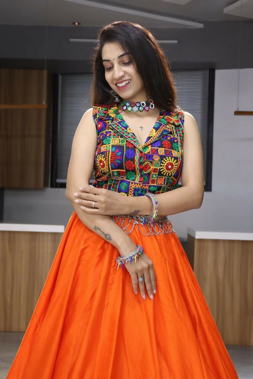 Yash Enterprise Orange Rayon Cotton Embroidery Semi Stitched Navratri Chaniya Choli | Grocsy