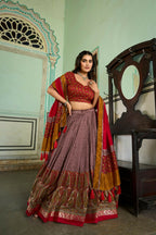 Vastranavya Kashmiri Print With Foil Print Lehenga With Unstitched Printed Blouse - Onion | Grocsy