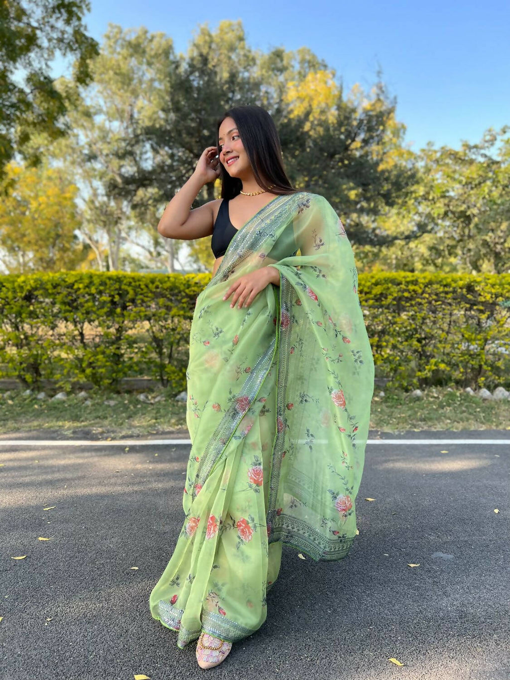 Vamsee Green Organza Saree | Grocsy
