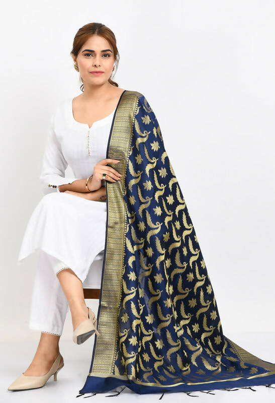 Mominos Fashion Moeza Women's Banarsi Silk Floral Woven Design Navy Blue Dupatta | Grocsy