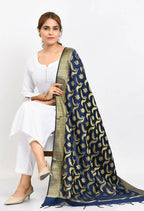 Mominos Fashion Moeza Women's Banarsi Silk Floral Woven Design Navy Blue Dupatta | Grocsy