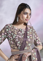 Lavendar Crepe Satin Silk Designer Ready to wear saree with stithced Blouse - Mohmanthan Aura | Grocsy