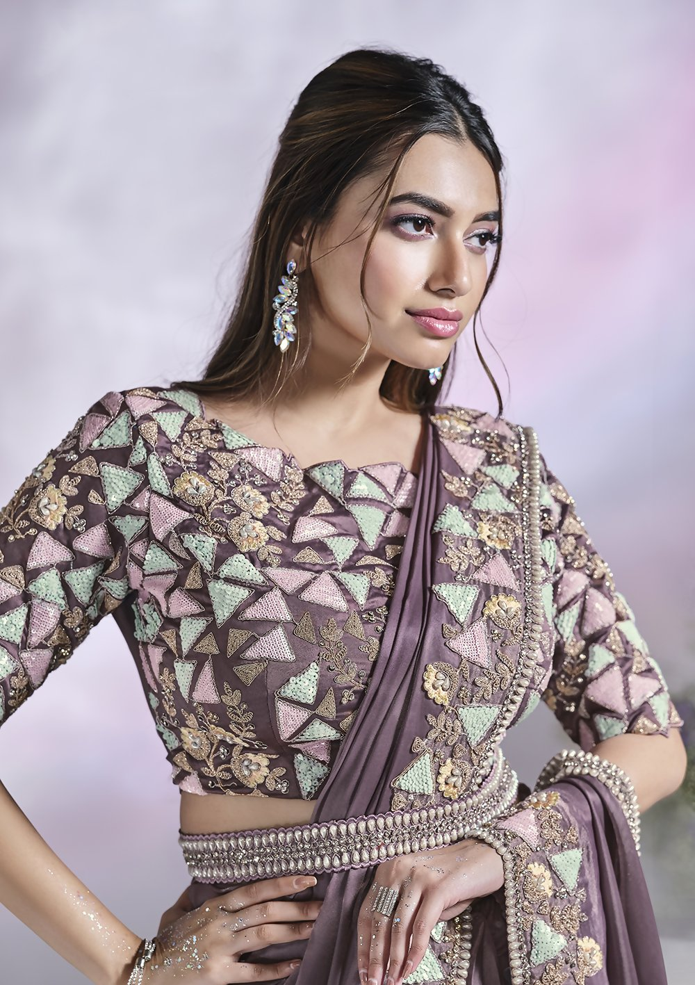 Lavendar Crepe Satin Silk Designer Ready to wear saree with stithced Blouse - Mohmanthan Aura | Grocsy