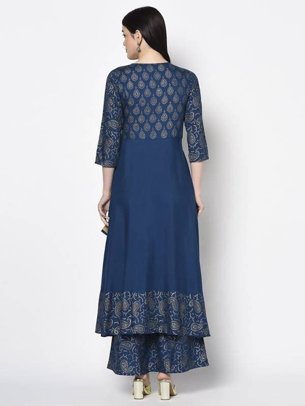 Indian Clothing Aniyah Rayon Blue Color Foil Print Angrakha Anarkali Kurta (AN-208K) | Grocsy