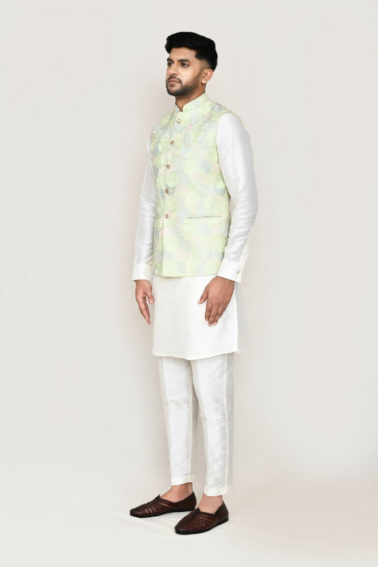 Joban Fashion White Colored Art Silk Fabric Kurta, Jacket With Straight Fit Pant | Grocsy