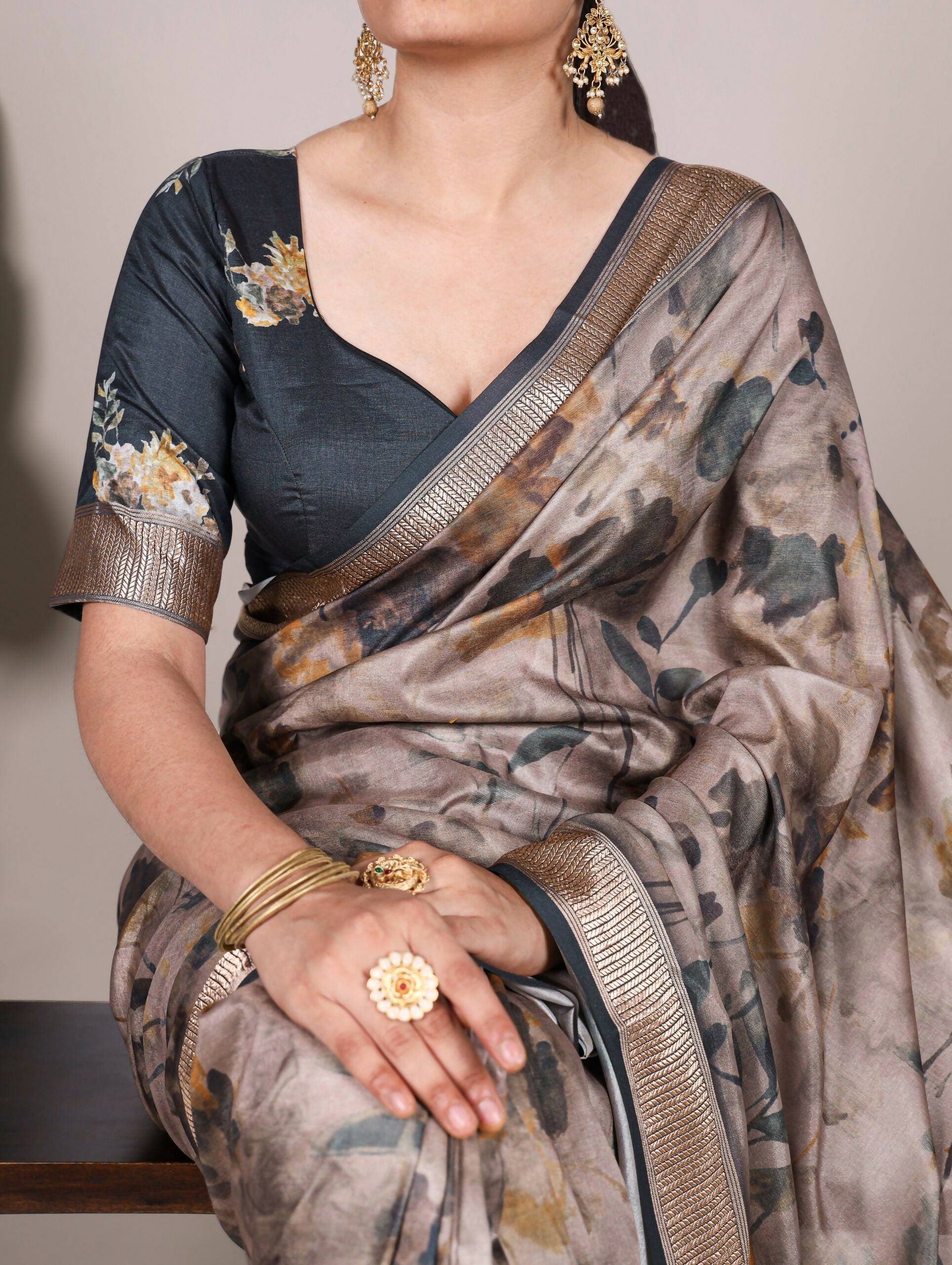 Vastranavya Mehendi Tussar Silk Printed with Viscose Border Saree with Unstitched Blouse | Grocsy