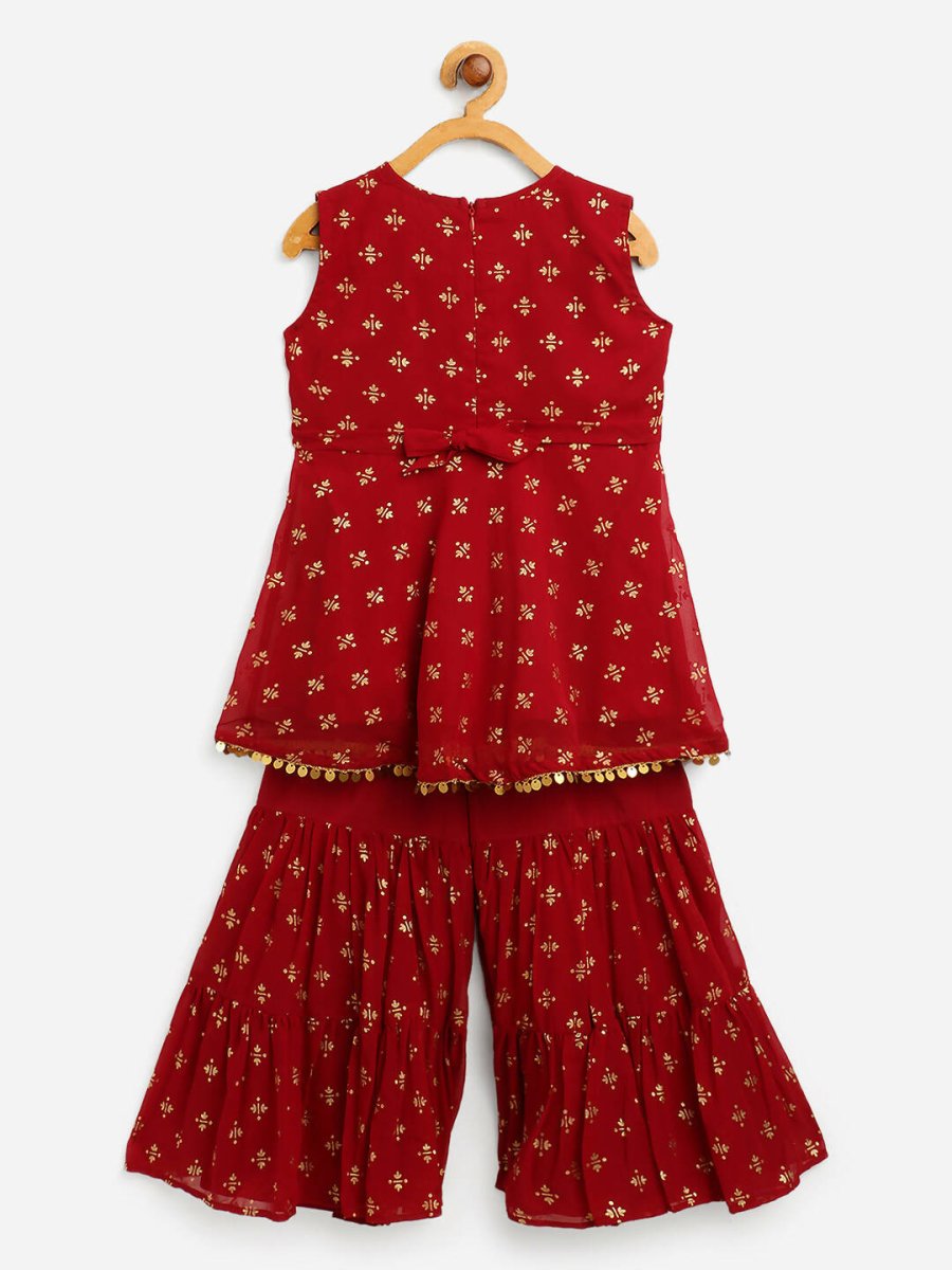 Ahalyaa Maroon Georgette Gold Foil Print Kids Peplum style Kurta Sharara Set With Dupatta For Girls | Grocsy