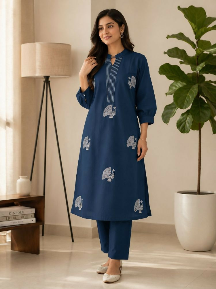 Teeya Creation Women Blue Cotton Printed Kurta with Trousers Co-ord Set | Grocsy