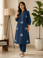 Teeya Creation Women Blue Cotton Printed Kurta with Trousers Co-ord Set | Grocsy