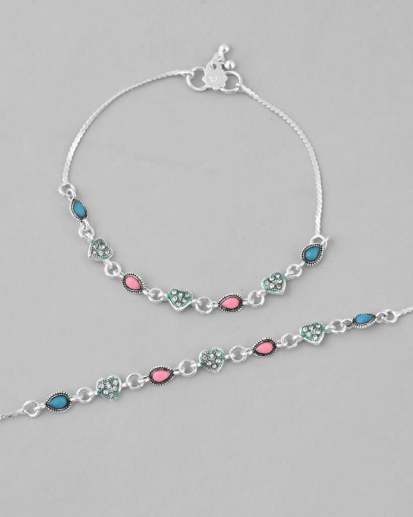 VOJ Set of 2 Silver Plated Heart Shaped Meenakari Anklet | Grocsy