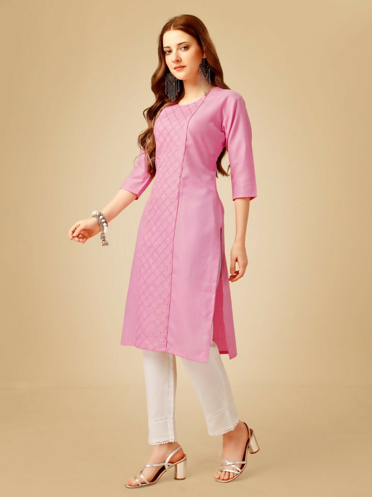 Jyoti Fashion Women's Pink Cotton Blend Embroidered Kurta Pant Set | Grocsy