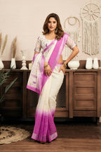 Vastranavya White Lavender Digital Printed Linen Ready To Wear Designer Saree with Unstitched Blouse | Grocsy
