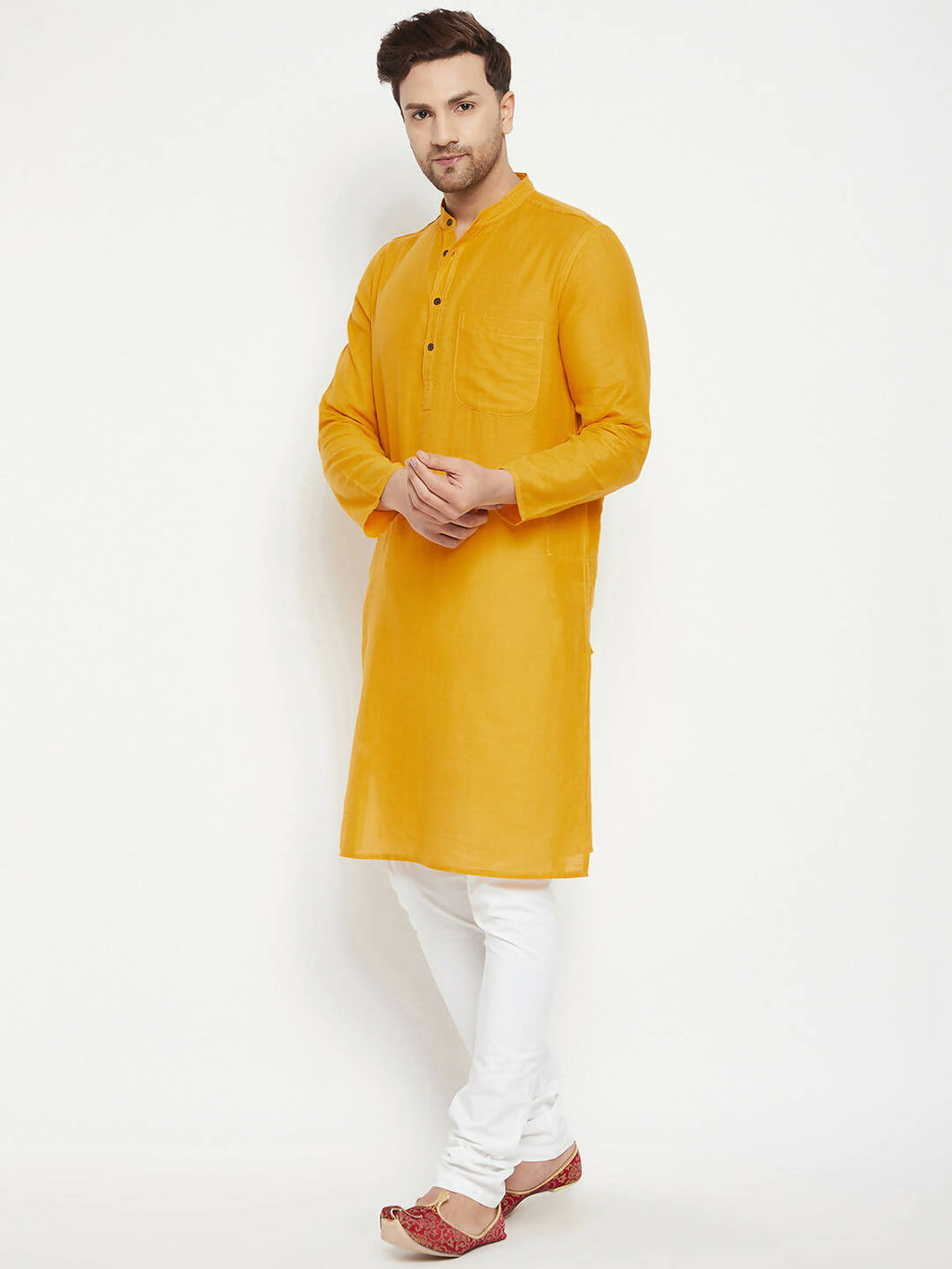 Even Apparels Yellow Pure Cotton Long Men's Kurta With Band Collar | Grocsy