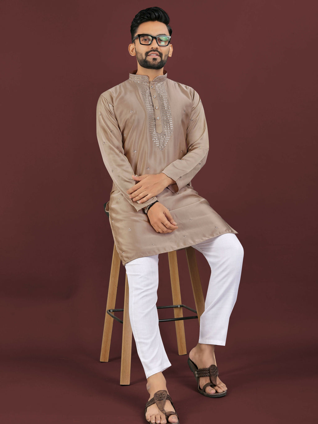 Anaita Brown Embroidered Silk Straight Kurta | Grocsy
